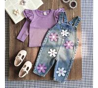 0-3 Jahre Baby Jungen/Mädchen Unisex Kleinkind Frühling Herbst Floral Bestickter Jeans Hose, Rundhals Langarm Top und Jeans Latzhose Set, geeignet für