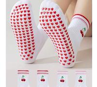 1/2/3 Paar Damen süße Kirschprint Socken, herzförmige Silikon rutschfeste Socken geeignet für Pilates, Fitness, Tanz, professionelle Yoga-Sport Knöche