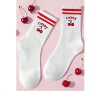 1/3/5 Paar Kirschprint Knöchelsocken mit farbigen gestreiften gerippten Details, entworfen für Frauen, aus weichem und strapazierfähigem Material, ess