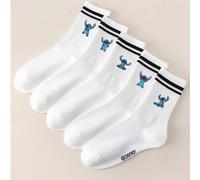 1/5 Paar Disney Stitch & Angel Muster Socken, Rüschen Socken, Bubble Socken, Rüschen Bubble Socken, schwarz-weiß gestreifte Socken bis zur Mitte des K