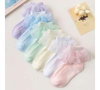 1/6 Paar Mädchen/Kinder Frühling/Sommer Mesh Spitzenbesatz Socken, klassisches Retro Diamantmuster Streifendesign, süß niedlicher Prinzessinnenstil Sp