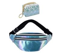 1 Blaue holografische Hüfttasche und 1 Mini-Geldbörse, wasserdichte Laser-Hüfttasche, Umhängetasche mit verstellbarem Gürtel, geeignet für Reisen im Freien, Einkaufen, Sport
