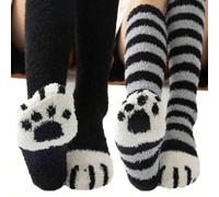 1 Paar/2 Paar Korallenfleece Süße Pfoten Muster Lange Socken, Dicke Warme Flauschige Gestreifte Katzenpfoten Muster Lustige Süße Hausschuh Socken für