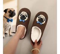 1 Paar braune Mops Hund süße Plüsch Tier Muster Stoff Hausschuhe, weiche Sohle Innen leise Hausschuhe für Zuhause, Urlaub, Herbst/Winter, braun & weiß