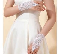 1 Paar Damen weiße französische Vintage-Spitze Fingerlose Handschuhe mit Strass, Braut-Hochzeits-Atmosphäre Accessoire, leicht atmungsaktiv Handgelenk