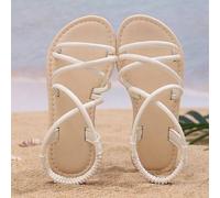 1 Paar Große Größen Sandalen für Kleinkind Mädchen, weiße flache Sandalen, einfarbiges PU Material mit verstellbarem Kreuzriemen, runde Zehenpartie, r