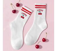 1 Paar Kirschenmuster Knöchelsocken mit farbigen gestreiften gerippten Details, entworfen für Frauen, aus weichem und strapazierfähigem Material, esse