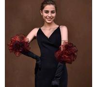 1 Paar lange schwarze Satin-Handschuhe im Gothic-Stil mit burgunderroter Organza-Rüschenblumen-Dekoration, Hochzeits-Braut-Halloween-Kostüm-Abend-Form