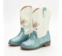 1 Paar Mädchen Einhorn Denim Knöchelstiefel, blauer Glitzer Schuhkörper mit Einhorn Stickerei, Holzmaserung Blockabsatz, seitlicher Reißverschluss, sü