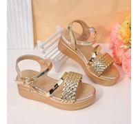 1 Paar Mädchen Gold gewebte herzförmige Sandalen, glänzendes synthetisches Lederobermaterial, verstellbarer Riemen, offene Zehenform, flache Sohle, sü