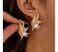 1 Paar Muschelohrringe im Sommerstrand-Stil, Meeresschnecken-Muschel-Ohrringe, Urlaubsstil mit Kunstperlen, Boho-Schmuck für Frauen