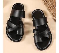 1 Paar schwarze Sandalen für Kleinkinder/Mädchen in Große Größen, einfarbiges PU-Patchwork-Zehenriemen-Design, runde Zehenpartie, rutschfest, leicht,