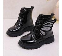 1 Paar schwarze weiche Spiegel-Lack-PU-Leder Farbverlauf Strass Schmetterling Flügel Design Schnürstiefel mit rundem Zeh, dicker Sohle und rutschfeste