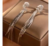 1 Paar silberne lange Quasten & Strass Dekor Clip-on Ohrringe ohne Piercing, eleganter Ohrschmuck als Geschenk zum Neujahr 2023 für Frauen