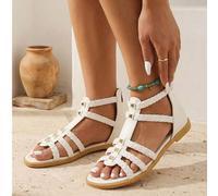 1 Paar Teenager Gold Ohrstecker mit Multi-Riemen Design, Rückseite Reißverschluss, weiße römische flache Sandalen, geeignet für Einkaufen und Urlaub
