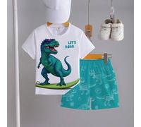 1 Set Baby Jungen Lässig Süßer Cartoon Stil Outfit, T-Shirt mit Sonnenbrille Dinosaurier & "LET'S ROAR" Aufdruck, Shorts mit Dinosaurier Skizze Aufdru