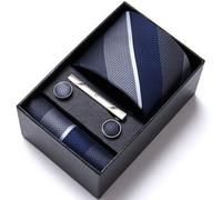 1 Set bestehend aus gestreifter Krawatte, Einstecktuch und Manschettenknöpfen mit Geschenkbox, Herren Blaue Krawatte, 7,5cm, geeignet für Feste, Hochz