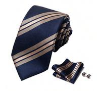 1 Set Blaue Krawatte, Einstecktuch & Manschettenknöpfe für Herren, gestreift, 8cm Breite, geeignet für Feste, Hochzeiten, Arbeit Herrenkrawatte