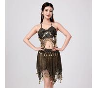 1 Set Damen Bauchtanz Rock aus Chiffon, transparent mit Pailletten und Münz-Quasten, Tanzrock für Aufführungen, Übungen und Partys. 1 Stück handgefert