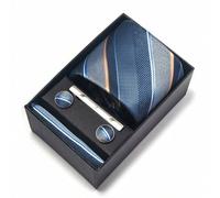 1 Set gestreifter Krawatte, Einstecktuch & Manschettenknöpfe im Geschenkkarton für Herren, blaue Krawatte 7,5cm, geeignet für Feste, Hochzeiten, Arbei