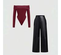 1 Set Jumpsuit, Off-Shoulder Langarm & Kunstleder Lässig Hose