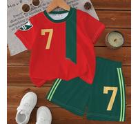 1 Set Kleinkinder Jungen Lässig Sport 2-Teiliges Set, Nummer 7 Muster T-Shirt Rot Kurzarm & Grüne Shorts, geeignet für Outdoor Alltag & Sport, Frühlin