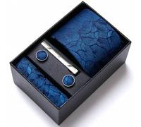 1 Set Krawatte, Taschentuch, Manschettenknöpfe im Geschenkkarton für Herren - blaue Blumen Krawatte, 7,5 cm Breite, geeignet für Feste, Hochzeiten, Ar