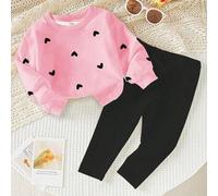 1 Set Lässiger, modischer, bequemer, minimalistischer, süßer Herzmuster Langarm Sweatshirt und Leggings Outfit für Kleine Mädchen, geeignet für Ausflü