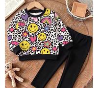 1 Set süßes, modisches 2-teiliges Outfit für Kleine Mädchen mit Sweatshirt mit Rundhalsausschnitt und Element-Muster sowie einfarbiger Slim-Fit-Langho