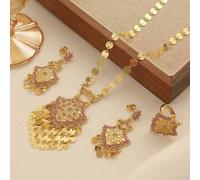 1 Set wunderschönes Schmuckset aus Kupferlegierung mit runden Scheiben, Quasten, Smaragdblau, Weiß und Rosa, mit Strass besetzt, Halskette, Ohrringe u