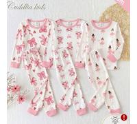 [1 Set Zufällig] Baby Mädchen Pyjama, süßes tanzendes Mädchen, Schleife, Bär Kombinationsdruck, eng anliegendes Langarmshirt & lange Hose 2-teiliges S
