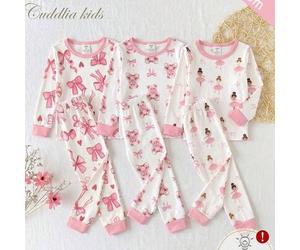 [1 Set Zufällig] Baby Mädchen Pyjama, süßes tanzendes Mädchen, Schleife, Bär Kombinationsdruck, eng anliegendes Langarmshirt & lange Hose 2-teiliges S