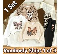 1 SET Zufälliges Mädchen Rundhals Sweatshirt Set, erhältlich in Allover-Leopardenmuster Kaninchen, Leopardenmuster Schleife und Pailletten-Herz-Stilen