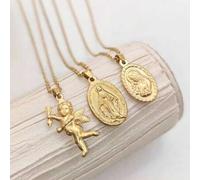 1 Stück 18K vergoldete Edelstahl Vintage Französisch & Amor Anhänger Halskette, modische Hip-Hop Porträt Münze Halskette, unisex Pullover/Choker Kette
