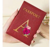 1 Stück A-Z 26 Buchstaben modisches Buchstaben-Muster stilvolles burgunderrotes Passhülle, hochwertige PU-Leder Passmappe mit Kartenfächern für Kredit