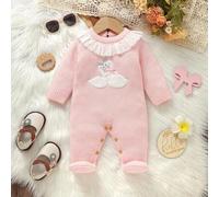 1 Stück Baby-Bodysuit in Rosa, Bodysuit mit Spitzenkragen, Langarm und Schwanen-Stickerei, süß und modisch
