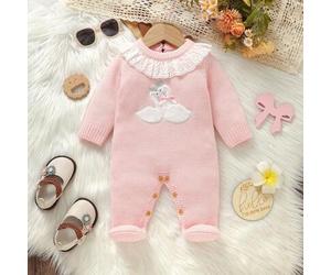 1 Stück Baby-Bodysuit in Rosa, Bodysuit mit Spitzenkragen, Langarm und Schwanen-Stickerei, süß und modisch