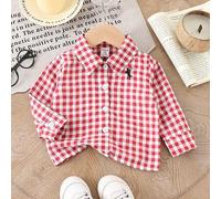 1 Stück Baby Jungen Rot-Weißes Kariertes Besticktes Langarm Hemd mit Knopfleiste Lässig Herbst Schulanfang Berufs-Tag Western Klassisches Hemd