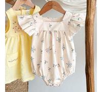 1 Stück Baby Mädchen Frisches Grünes Kariertes Bodysuit mit Rüschenärmeln, Weicher & Bequemer Stoff, Süßer Prinzessin Lässiger Stil, Beige Sommer Süße