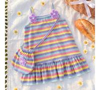 1 Stück Baby Mädchen Regenbogen gestreiftes Strickkleid aus weichem Stoff mit Blumenstickerei-Patch-Dekor, süßes lässiges Mini-Kleid mit Spaghettiträg