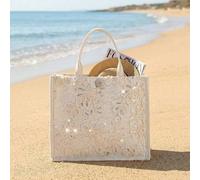 1 Stück beige Spitzen-Blumen-Pailletten-bestickter Damen-Handtaschen, Große Kapazität Shopper, Leinen-Boden, geeignet für Strand, Reisen, Urlaub, Läss