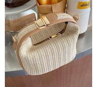 1 Stück cremefarbene Mini-Handtasche aus geflochtenem Stroh im Fischgrätmuster, hellbraune Lederkante, Metall-Quadrat-Schnalle Klappe + integriertes R