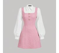 1 Stück Damen elegantes kariertes Patchwork 2 in 1 Hemdkragen Langarmkleid, Herbst