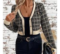 1 Stück Damen Farbblock Saum Figurbetonter kurzer Cardigan, kariertes Muster, elegant im Herbst/Winter
