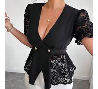 1 Stück Damen Große Größen Spitze Patchwork Taille Metallschnalle Dekor Elegante Pendler Bluse, Frühling/Sommer