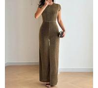 1 Stück Damen Jumpsuit mit Kurzarm, hergestellt aus goldfarbenem strukturiertem Stoff