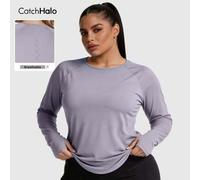 1 Stück Damen Langarm Athletik-Top in Große Größen, 4-Wege-Stretch locker geschnitten mit gerundetem Saum, Lavendel Raglanärmel mit Daumenöffnung, atm
