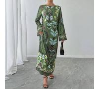 1 Stück Damen Maxikleid mit Blumen- und Blätterdruck, langärmlig, grün, Casual, Urlaub, eleganter arabischer Stil Abaya Kaftan, Luxus Party-/Urlaubskl