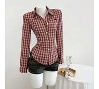 1 Stück Damen Rot kariertes besticktes Slim Fit Hemd mit Knöpfen und langen Ärmeln, vielseitig einsetzbar für Alltag, Pendeln, Lässig, Schule, Valenti