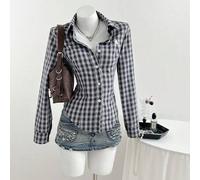 1 Stück Damen Rot kariertes besticktes Slim Fit Hemd mit Knöpfen und langen Ärmeln, vielseitig für Alltag, Pendeln, Lässig, Schule, Valentinstag